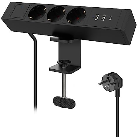 BSEED Tischsteckdose mit USB C Port, Schreibtisch Steckdosenleiste mit Tischklemme, Mehrfachsteckdose mit Schalter, USB Steckdose, Verteilersteckdose, Steckerleiste 1,8m Verlängerungskabel Schwarz