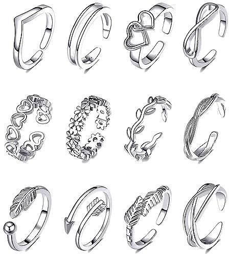 IUDWCG - 12 Pcs Hypoallergene Edelstahl-Legierung Knöchelring Set - Einstellbare Damen-Zehen-Schmuck mit Schwanz-Blume-Design für Finger und Fuß
