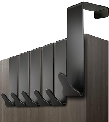 Menz Over Door Hook 6 Pack Black, Stable Overdoor Hanger. Rust-Free Door Hangers for Clothes, 3.6cm Fit. 15kg Coat Hanger, Stainless Steel with EVA Pads, Prevents Scratches