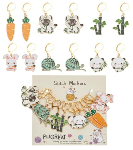 PLIGREAT 12 Stück niedliche Tierstichmarker mit Karabinerkrallenverschlüssen Hase Katze Panda Anhänger Verriegelung Strickmarker zum Weben Nähen Quilten DIY Charms Schmuckherstellung Zubehör