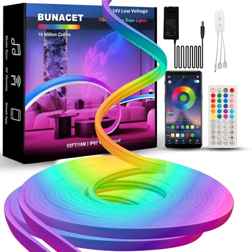 BUNACET Neon LED Strip 16M RGB+IC Neon Streifen Wasserdicht Lichtband 24V | IP65,DIY Flexibel LED Band mit APP Steuerung Fernbedienung und Netzteil,Silikon Lichtleiste für Innen Aussen,2x8M