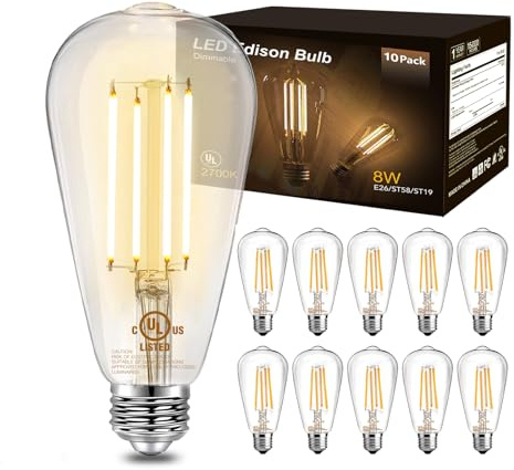 DAYBETTER 10 Pack Vintage LED Edison Bulbs, E26 Dimmable LED Bulb, 60 watt Equivalent, ST58 Antique Filament Light Bulbs with Warm White 2700K, Brightness 8W, 800LM, 80+ CRI, Clear Glass