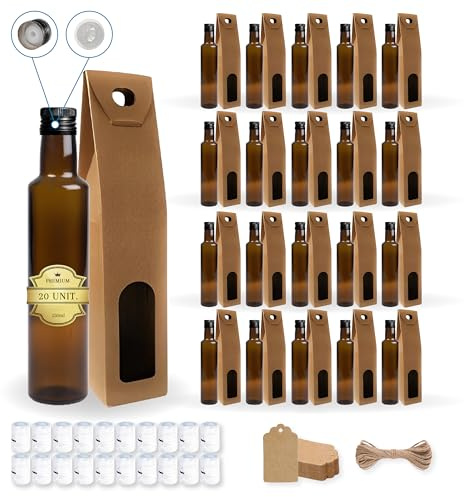 Espirito Rebelde - 20 botellas de vidrio oscuro 250 ml con tapón de rosca negro con boquilla vertedora + 20 cajas + 20 sellos + 20 etiquetas Kraft + cuerda - aceite de oliva, vinagre, alcohol -
