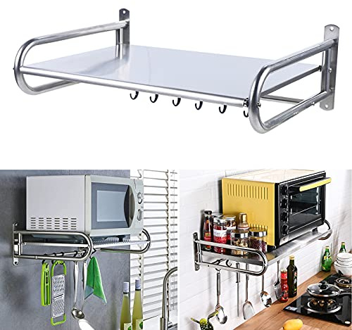 Shiyinge KüChenregal Mikrowellenhalter Wandbefestigung Microwelle Halterung Mikrowellen Wandhalter Ablage Halter Mikrowelle Bad BüRo Regal Rostfreier Stahl Rechteckig Silber Mit 6 HäKchen Bis 30Kg