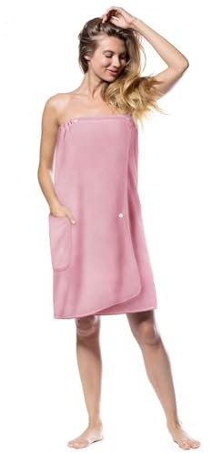 Aomig Sauna Zubehör - Saunahandtuch & Saunakilt Damen, Knopffrottee Saunarock, Elastische Taschen, Grösse Anpassbares Saunatuch, Hell-Pink
