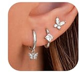 JeweBella 3 Paar Ohrringe Silber 925 für Damen Mädchen - 14K Vergoldet Ohrstecker, Kleine Creolen Gold, Hypoallergen Hängend Zirkonia Schmetterling Set für Mehrere Piercings