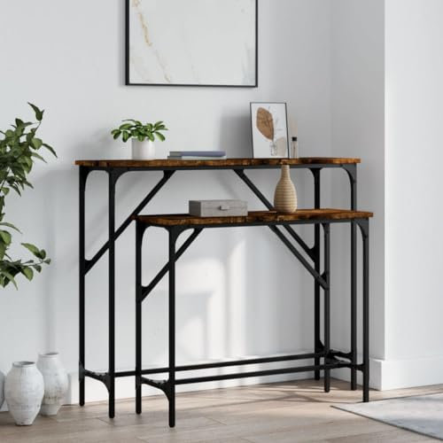 FENLAX 2 STK. Konsolentisch mit Ablagen 2 STK. 95x26x80 cm Wohnzimmermöbel Eingangsbereich Flurtisch Ausstellungstisch Akzenttisch Konsolentisch schmal Holzwerkstoff&Metall Räuchereiche