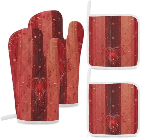 Lot de 4 gants de cuisine et maniques résistants à la chaleur antidérapants - Forme droite - Rouge