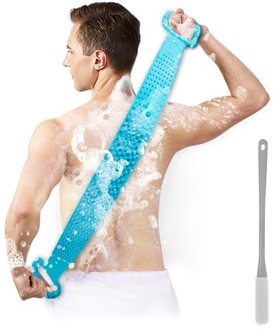 Inmorven Rückenschrubber für Dusche mit Zehenreinigungsbürste, 76cm Doppelseitiger Rückenschrubber mit Handtuch, 40cm langer Griff Silikon-Fußschrubber für die Dusche.