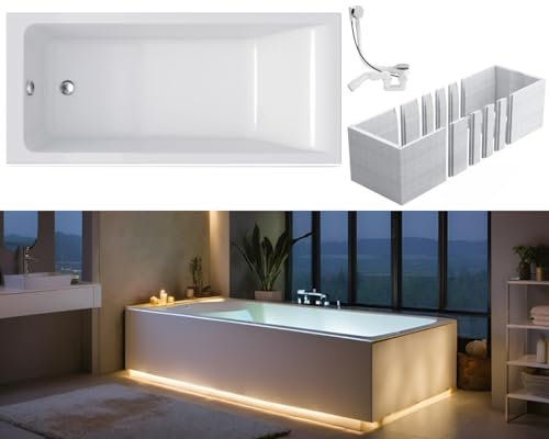 VBChome Badewanne 160 x 75 cm Weiß Acryl Wannenträger Platz für LED-Beleuchtung Styroporträger Siphon Wanne Rechteck Design Modern Ablaufgarnitur in Chrom