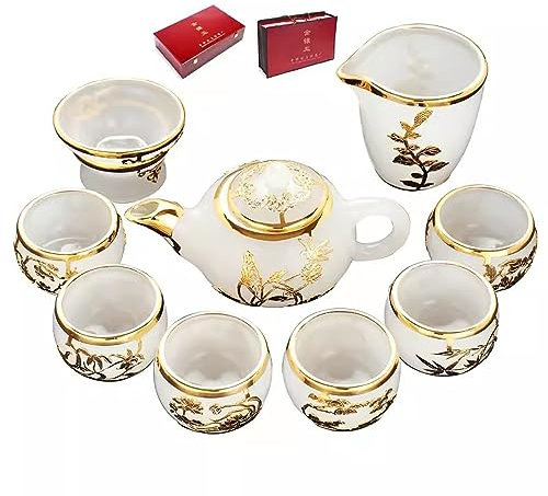 FHPEWXDG Set da tè, Set da tè pomeridiano, Set da tè per Adulti, Set da tè in Giada intarsiata in Oro, Set da teiera e Tazza per la casa