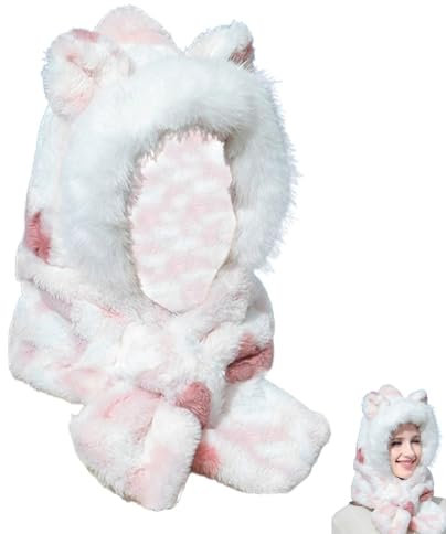 Warmer Kapuzenschal, winddichter Kapuzenschal | Tier-Ohr-Hals-Schal, Ski-Schnee-Mütze,Mit Plüsch gefütterte, winddichte Beanie-Mütze, Halsmanschetten mit Ohrenklappen, Ausrüstung für kaltes Wetter zum