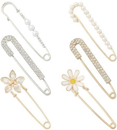 6 Stücke Broschen & Anstecknadeln für Damen Brosche Ausschnitt Verkleinern Sicherheitsnadel Perle Strass Pullover Clip