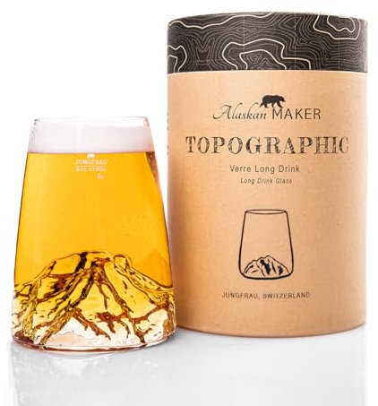 Vidrio largo 450ml - Borosilicato de alta calidad soplado artesanalmente con montañas en relieve | Cóctel, cerveza o TOPOGRAPHIC (Jungfrau)