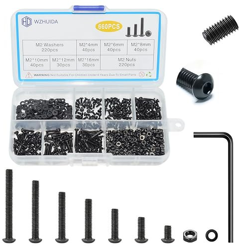 WZHUIDA 660 Stück M2 Schrauben Set, Schwarz Metrisch Linsenkopfschrauben Innensechskant Schrauben Muttern und Unterlegscheiben Sortiment Set, Gewindemaschinen Sechskantschrauben