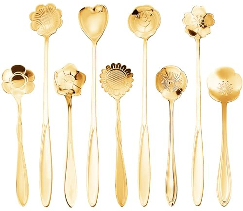 FUAAOLIY Flower Spoon Set, 9PCS Coffee Teaspoon Stainless Steel Tea Spoon Reusable Coffee Sugar Stirring Ice Cream Dessert Spoons for Tea Party Decorations Cake Tea Scoops (Gold)