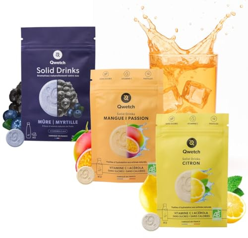 Qwetch SOLID DRINKS BIO – 36 Pastilles d'hydratation avec Vitamines C&B – Boisson Sans Sucres, Sans Calories – Saveurs Citron, Mangue&Passion, Mûre&Myrtille – Vegan, Fabriqué en France