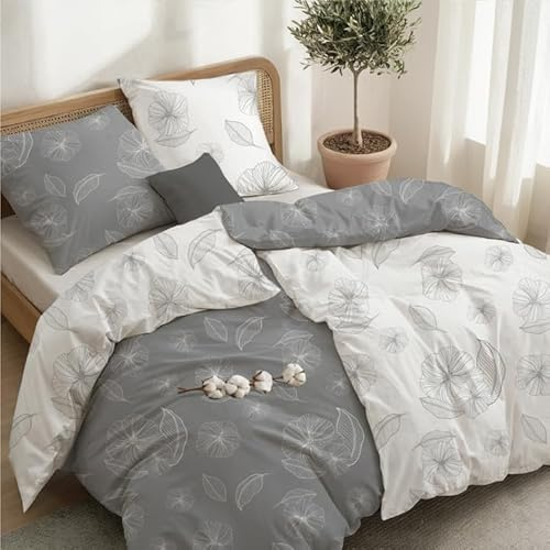 Dreamzie 2x Bettwäsche 135x200 Baumwolle 4teilig + 2 Kissenbezüge 80x80 | Ginkgo Grau・4-teilig・100% Baumwolle・Bedrucktes Design・Oeko-Tex zertifiziert