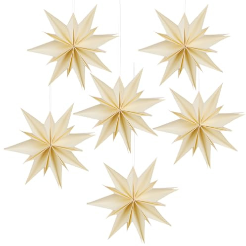6 Pieces Beige Christmas Paper Star 5 Inch Xmas Hanging Star Ornaments Paper Snowflake Decorations for Little Christmas Tree Tiered Tray New Year Weddings Birthday Holiday Party Home Decor
