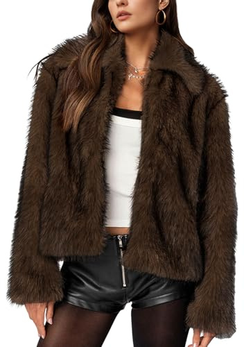Wyeysyt Women's Faux Fur Coat Lapel Fluffy Faux Fur Jacket Long Sleeve Open Front Winter Jackets Parka Shaggy Short Coat(Coffee-S)
