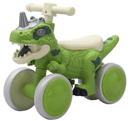 VIZZTY Dinosaur Balance Bike for 1-3 Year Olds, Toddler 4-Wheel No-Pedal Walker Scooter with Music & Mist Spray Effects, ASTM Certified First Birthday Gift for Boys & Girls (Green)