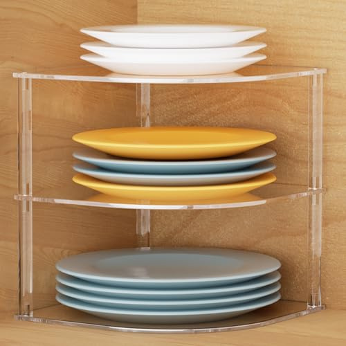 Millsten Acrylic Plate Organizer for Cabinet Kitchen Countertop Corner Clear Cabinet Organizer for Paper Plate and Bowl Dishes Pantry Storage Corner Rack Plate Holder for Cabinet Shelf Space Saver