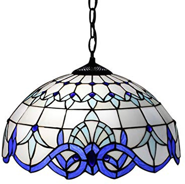 Lampada a Sospensione in Vetro colorato Tiffany Art Mediterraneo, Stile Barocco Bianco, per Sala da Pranzo, Cucina, Isola (16 Pollici)