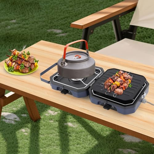 Réchaud de camping avec poêle à gril, réchaud à gaz pliable, 4600 W, 2 feux, 24 × 23 × 14,5 cm, kit de barbecue de camping pour les voyages, le trekking et la cuisine en plein air | Bâton UE