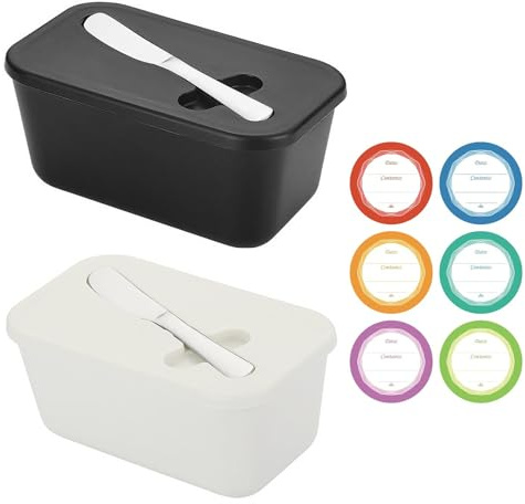 Butter Dish with Lid, 2 Pcs Plastic Butter Dish with lid and Knife | Lightweight Unbreakable Butter Holder, Easy Scoop Dishwasher Safe(Black+White)