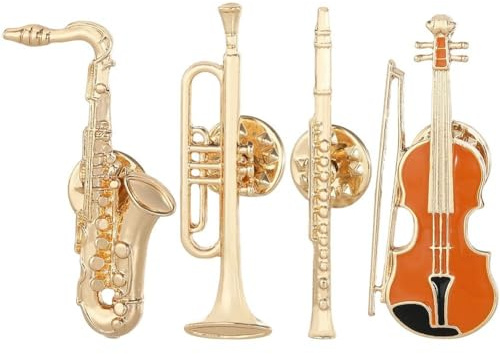 Lpitoy Lot De 4 Broches Vintage en Métal Représentant des Instruments De Musique : Violon, Saxophone, Trompette, Flûte. Broches À Thème Musical pour Chapeaux Sacs À Dos.