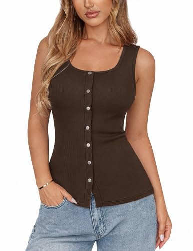 Aottori Canotta Donna Estive Senza Maniche Girocollo Tank Top Coste Slim Fit con Bottoni Canottiera Casual Elegante Canotte Marrone L