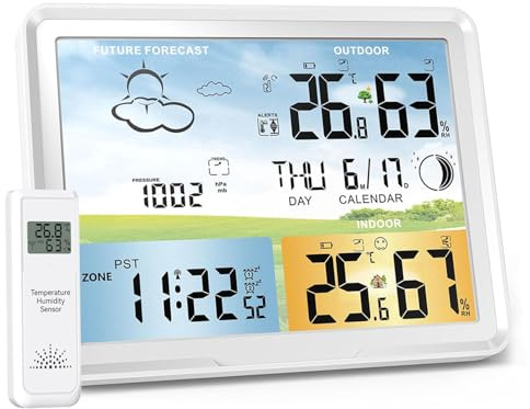 Weather Station Wireless Indoor Outdoor Thermometer, Digital Thermometer with Remote Sensor, Full Color Large Display Weather Station with Atomic Clock, Barometric Pressure, Weather Forecast-White