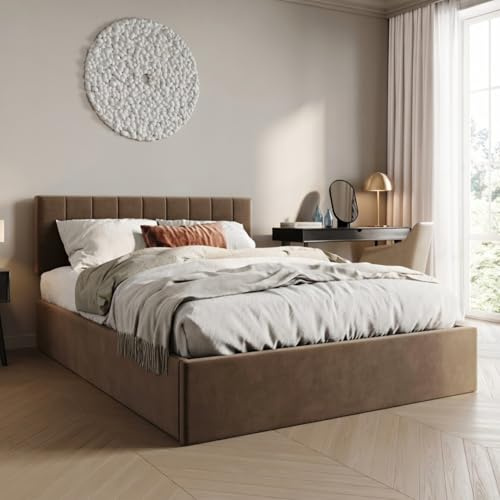 Home Collective Polsterbett 160x200 cm mit Stauraum und Lattenrost Doppelbett mit hydraulischem Bettkasten Gepolstertes Bett Bed Stauraumbett Stabiler Bettrahmen | 200x160 cm Bronze-Beige
