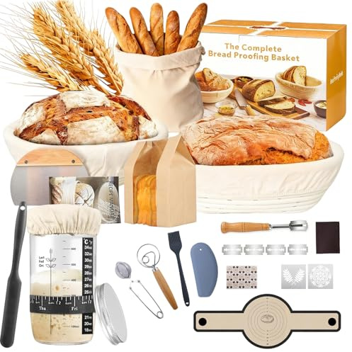 Cestino da Lievitazione per Pane, Set Lievitazione Pane 25cm Ovale & 23cm Rotondo, Kit Completo di Lievito Madre con Barattolo per Levito Madre, Accessori per la cottura del pane per Principianti
