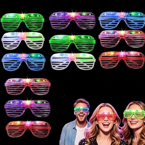 12 Stueck LED Partybrillen Set in 6 Farben Weiss Blau Rot Lila Pink Gruen Leuchtende Shutter Rave fuer Erwachsene Neon Party Gadgets Festival Brille und Konzert Zubehoer Set