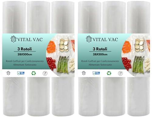 VITAL VAC 6 Rollos Vacío Alimentos 28cm x 500cm | Para Envasadora al Vacío Doméstica | Compatibles con Silvercrest, Foodsaver, Jata, Cecotec...