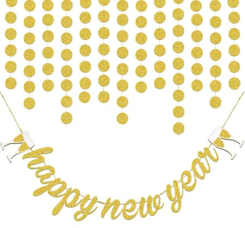 HOWAF Silvester Deko 2027, Gold Silvester Girlande Happy New Year Banner und Glitzer Kreis Punkte Girlande Hängend Dekorationen Neujahrsdeko 2027 Silvesterparty Deko