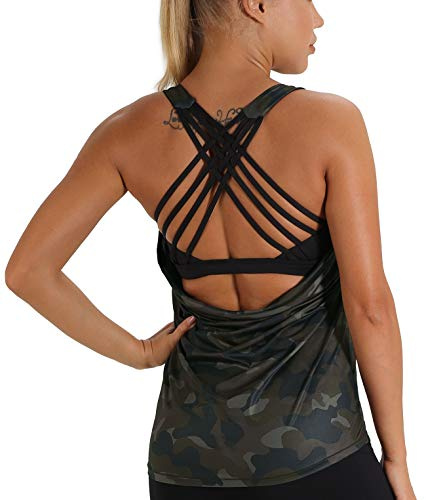 icyzone Camisetas de Yoga para Mujer con Brasier Integrado para Entrenamiento, Gimnasio, Chaleco Deportivo (S, Camuflaje Verde Militar)