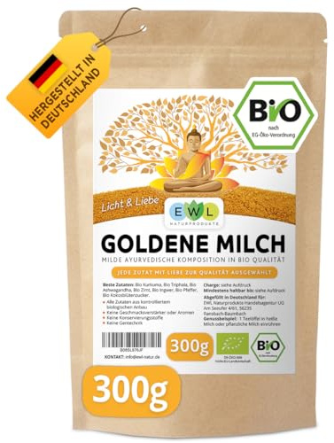 EWL BIO Goldene Milch Triphala 300g | Kurkuma Latte Pulver | Golden Milk | mit Kokoszucker, Ashwagandha, Ingwer, Ceylon-Zimt & Pfeffer für beste Bioverfügbarkeit | Ayurveda Gewürzmischung vegan