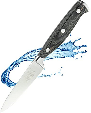 Sabatier Professional Small Vegetable Kitchen Paring Knife - 3.5in/9cm Full Tang Taper Ground Stainless Steel Blade. Unique Grey Pakkawood Triple Rivet Handle. Lifetime Performance 25yr Guarantee