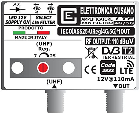 (ECO) ASS25-UReg(4G/5G)/1OUT - Amplificatore Antenna TV con Filtro LTE 4G e 5G (Selezionabile), Amplificatore Antenna da Palo, 1 Ingresso UHF, Gain 25dB, Amplificatore Antenna 1 Uscita, Made in Italy