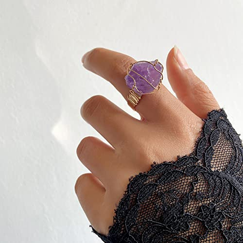 ASDFY Natürlicher Amethyst-Ring, Unregelmäßiger Kristalldraht, Breiter Ring, Verstellbar, Offene Steinringe, Reiki-Balance, Knöchel-Fingerringe, Ewigkeitsring Für Frauen, Mädchen, Männer