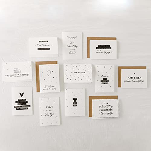 WeLikeToLove 12x Trendige Geburtstagskarten (Format A6) - Schwarz-Weiße Geburtstagskarten in Deutsch mit Kraft Umschlag - Geburtstag karten set - Deutsche Geburtstagskarten Schwarz-Weiss