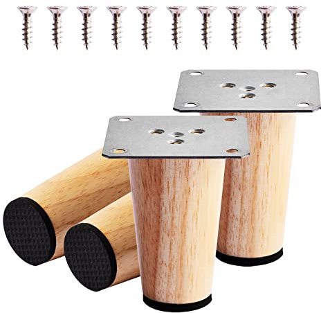 Daelesr 4 Pcs 8cm Wooden Furniture Legs, Replacement Solid Wood Sofa Legs with Mounting Plate Screws and Anti-Slip Mats, Straight Furniture Armchair Cabinet Feet for Couch Table Chair Dresser Bed