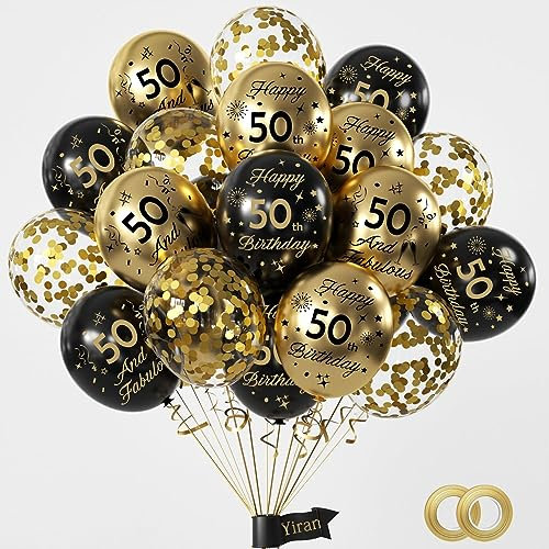 Yiran 50. Geburtstag Luftballons Deko - 15 Stück Schwarz Gold für Junge Mädchen, Happy Birthday Ballons, Konfetti Luftballons, Party Dekoration