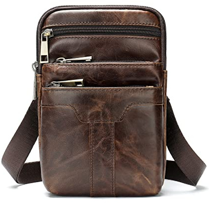 MEANFL Leather Crossbody Phone Purse for Men, Cell Phone Waist Pack for Men, Small Vertical Leather Shoulder Messenger Bag Travel Pouch Belt Clip Holster Wallet Chest Bag for Cell Phone/Mini Tablet