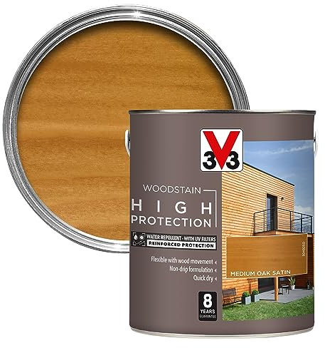 V33 High Protection Woodstain - 8-Year Guarantee - UV Filters - Water-Repellent - Quick-Drying - Only 2 Coats - Medium Oak 2.5 litres
