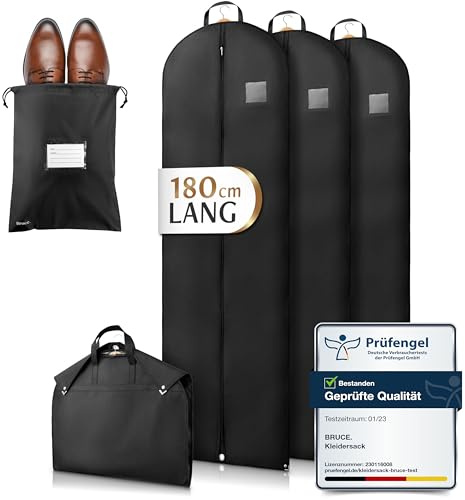 Bruce.® Kleidersack - 3x 180x60 cm Lang – Schwarz | Inkl. Schuhbeutel. Extra langer Kleidersack, 120 GSM, für Brautkleid, Ballkleid & Abendrobe – für Schutz & Lagerung