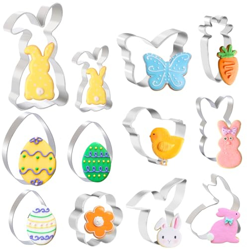 PTaizjjz Easter Cookie Cutters,12PCS Stainless Steel Easter Cutters - Egg,Chick,Butterfly,Flower,Bunny,Rabbit Face,Carrot Biscuit Cutters for Party Baking DIY