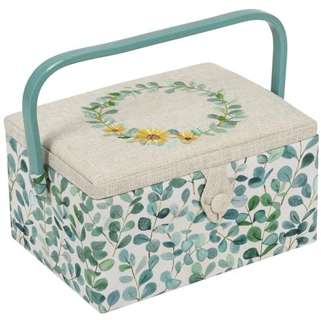 Hobby Gift Exclusive Mittelgroße Nähhandwerk-Bastel-Aufbewahrungsbox, Zubehörablage, Nadelkissen, Tasche, PVC-Griff, bestickter Deckel, 18,5 x 25,5 x 14,5 cm, Eukalyptus